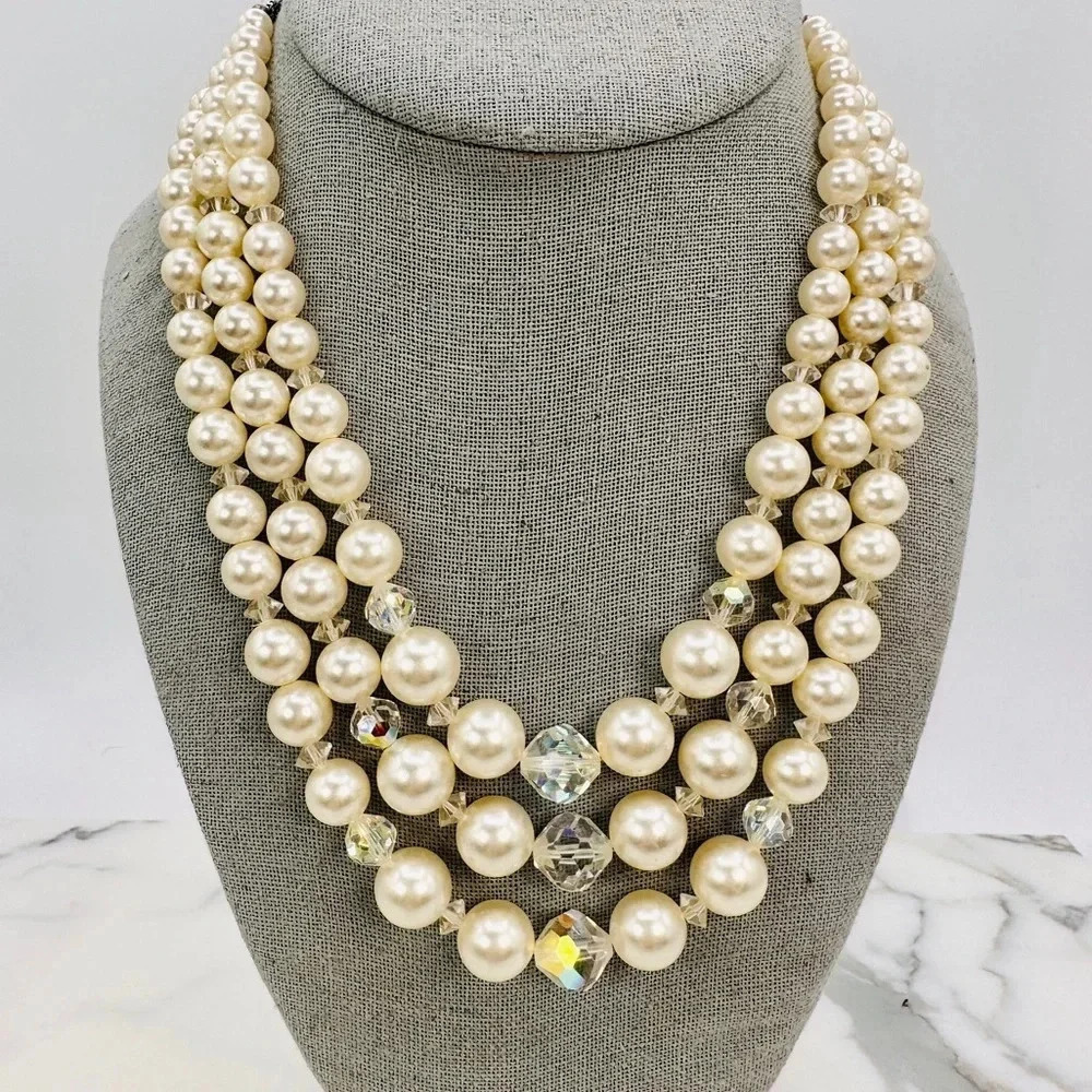 Vintage Laguna Faux Pearl Necklace Aurora Borealis Crystal Beads 3 Stran…
